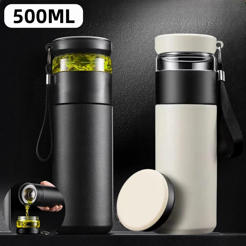500Ml Tea Infuser Vacuum Flask Stainless Steel Insulated Cup with Independent Tea Storage Handle Travel Mug Business Cup Gifts